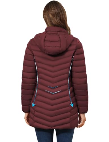 ROYAL MATRIX Women's Packable Puffer Jacket - Lightweight Winter Warm Long Quilted Puffer Coat with Detachable Hood - color: Wine Red, size: XX-Large