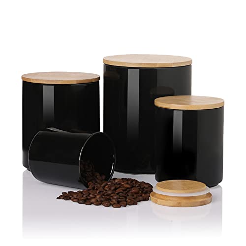 Sweejar Kitchen Canisters Ceramic Food Storage Jar Set, Stackable Containers with Airtight Seal Wooden Lid for Serving Ground Coffee, Tea, Herbs, Grains, Sugar, Salt - Set of 4 (Black) - color: Black, style: Set of 4(Updated Version)