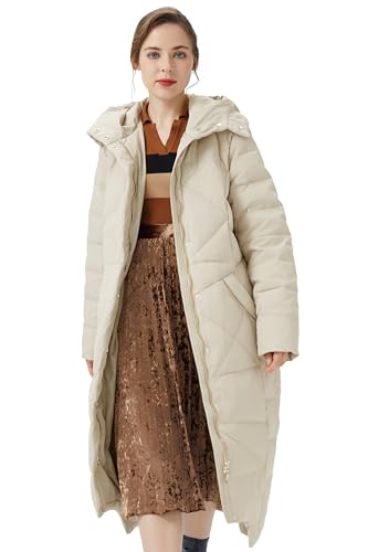 Orolay Women's Long Maxi Down Coat with Hood - 700 Fill Power RDS Certified Winter Puffer Jacket - color: Beige, size: Medium