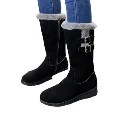 Women's Mid Length Boots Suede Snow Boots Metal Buckle Furry Wedges Booties Outdoor Thick Insulation Warm Plus Fleece shoes - color: Black, size: 8.5