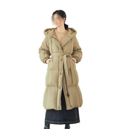 Women's Long Down Jacket Winter Loose White Duck Knee Length Warm And Thick Khaki Coat - size: Small