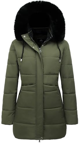MOERDENG Women's Winter Puffer Coat Thicken Fleece Lined Down Jacket Waterproof Faux Fur Detachable Hooded Parka - color: Green, size: XX-Large