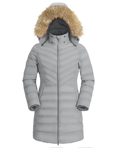 Pioneer Camp Women's Winter Coats Warm Thicken Long Puffer Jacket Waterproof Quilted Parka with Removable Faux Fur Hood - color: Light Grey, size: Small