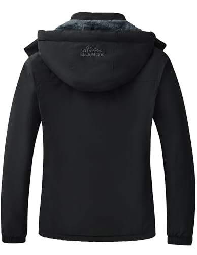 ELLSWOS Womens Winter Coats Waterproof Ski Jacket Warm Snow Jackets Windproof Windbreaker Hooded Raincoat - color: Black, size: Small