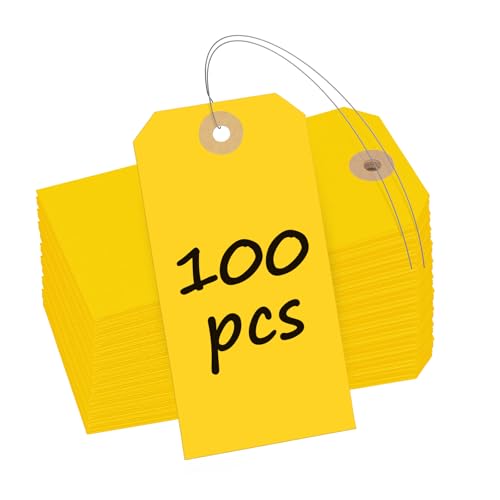 Uniclife 100 Pcs Yellow Blank Shipping Tags with Wire Attached 4.7 Inch Paper Tags Hang Tag with Reinforced Eyelet Large Marking Label Writable Price Inventory Label Tag, 4.7" x 2 3/8" - color: Yellow, size: 100 PCS