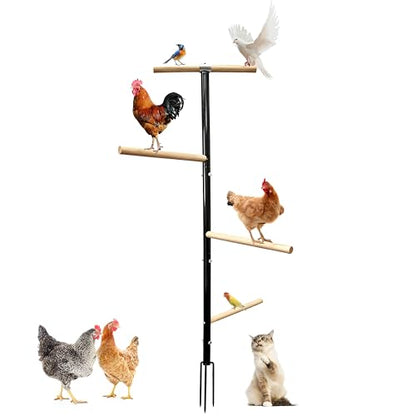 Large Chicken Perch Toys for Coop,Wooden Chicken Roosting Bars with 3 Legs Metal Ground Plug,1.25-Inch Thickened Steel Pipe, Improved and Upgraded Design of Wooden Pole Embedded in The Steel Pipe