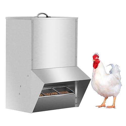 Galvanized Chicken Feeder, 30LBS Capacity Weatherproof Steel Outdoor Coop Food Dispenser, Rat Proof Hanging Chicken Feeder with Lid, Poultry Feeders No Waste for Chicken and Duck, Silver
