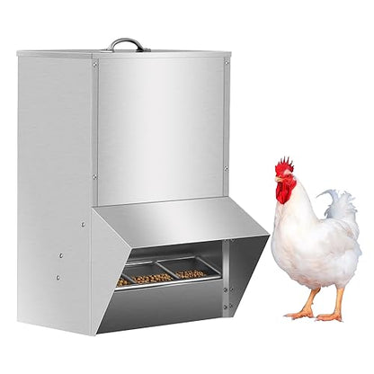 Galvanized Chicken Feeder, Poultry Feeders No Waste 30LBS Capacity, Rat Proof Hanging Chicken Feeder with Lid, Weatherproof Steel Outdoor Coop Food Dispenser for Chicken and Duck, Silver