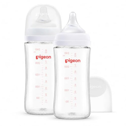 Pigeon Glass Nursing Bottle Wide Neck, Anti-Colic, Streamlined Body, Natural Feel, Easy to Clean, Heat-Resistant, 8.1 Oz (Pack of 2), Includes 2pcs M Nipples (3m+) - color: 8.1 Ounce, 2 Packs