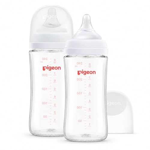 Pigeon Glass Nursing Bottle Wide Neck, Anti-Colic, Streamlined Body, Natural Feel, Easy to Clean, Heat-Resistant, 8.1 Oz (Pack of 2), Includes 2pcs M Nipples (3m+) - color: 8.1 Ounce, 2 Packs