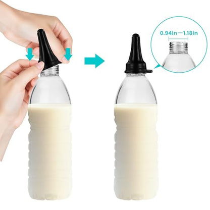 6-pack of black silicone goat nipples that snap onto the mouth of a common cola bottle, reusable and easy to clean, suitable for feeding lambs and goats