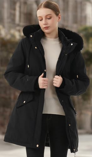 MOERDENG Women's Long Winter Down Coat Thicken Fleece Lined Parka Warm Puffer Jacket With Faux Fur Detachable Hood - color: Black, size: XX-Large