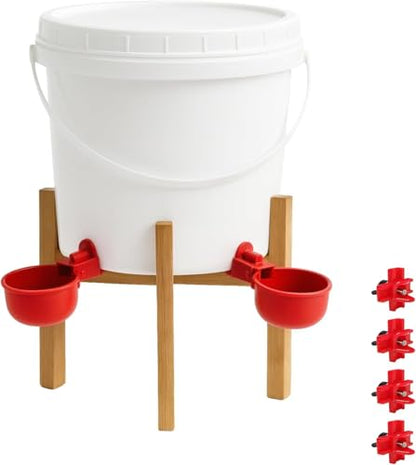Chicken Waterer with Stand and Handle, 1 Gallon Poultry Waterer with 4 Drinking Cups and 4 Horizontal Nipples, Raised or Hanging Water Bucket for Chickens, Ducks, Geese, Chicks and Backyard Coop
