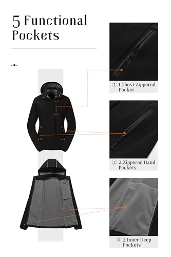 Pursky Women's Softshell Jacket Lightweight Fleece Lined Rain Jacket Waterproof Warm Windbreaker Coat With Removable Hood - color: Black, size: XX-Large