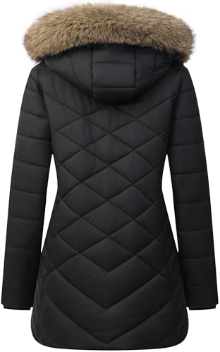 Women's Long Warm Winter Coat Windproof Thickened Fleece Lined Down Jacket Waterproof Puffer Outerwear with Removable Hood - color: Black, size: XX-Large