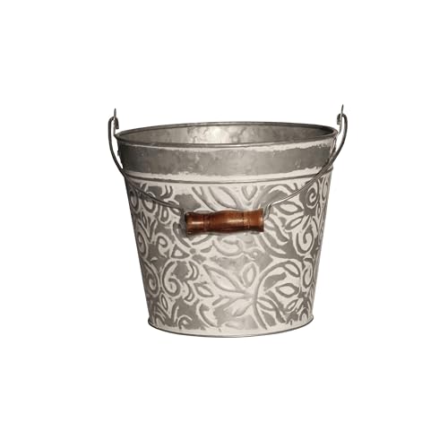 Headwind Vintage Collection - Floral Galvanazied White Wash Planter with Handles – 8 Inch Medium Flower Pots Decorative Plant Indoor – Plant Pots Indoor with Drainage by Robert Allen - color: Galvanized W/ White Wash, size: 8"