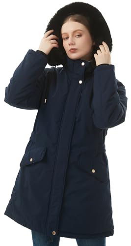 MOERDENG Women's Long Winter Down Coat Thicken Fleece Lined Parka Warm Puffer Jacket With Faux Fur Detachable Hood - color: Navy, size: Small