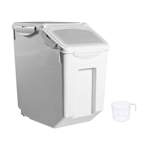 Zaop 30Lbs Airtight Rice Storage Container, Sealed Food Cereal Grain Bins with Scale Measuring Cup, Pet Food Bucket Tank, Gray, 0OHT05A8GMV8508112NCR1NJT, Large