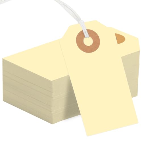 150PCS Blank Shipping Tag, 2 3/4 x 1 3/8 inches Manila Label Tags (Yellow) | Label Tags with String Reinforced Hole Writable Large Marking Hang Tags with Wire - color: Yellow