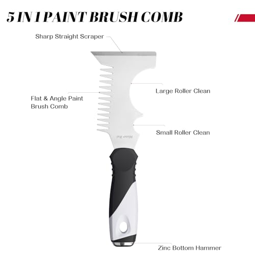 Mister Rui 5 in 1 Paint Brush Comb and Roller Cleaner Tool, Stainless Steel Paint Brush Cleaner with Hammer Base & Anti-Slip Grip, for Professional Painters & DIYers - color: Black+gray