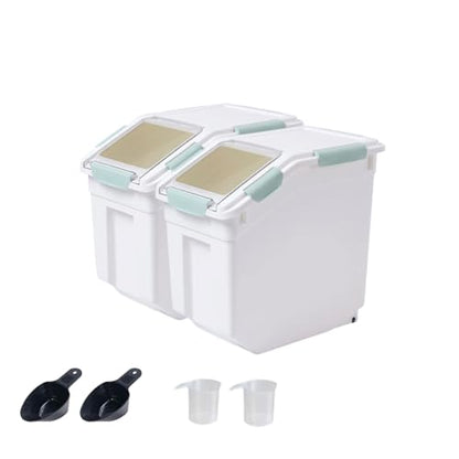 Airtight Flour Storage Container 25 lb Rice Storage Container with Wheels Seal Locking Lid, Food Containers with Measuring Cup& Scoop for Flour, Rice, Grain, Gray, 2Pack - color: Gray 2 Count