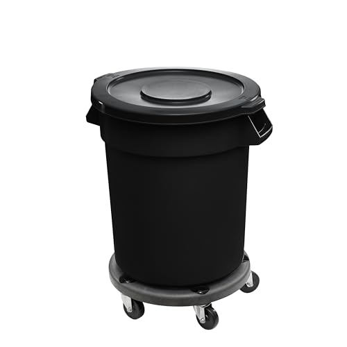 Feed and Seed Storage Container, 20 Gallon Black Round Commercial Trash Can with Lid and Dolly, Food Storage Plastic Bin, Use in Agricultural, Gardening, or Household - color: Black, size: 20 Gallon Container with Lid and Dolly