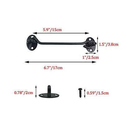 2PCS 6 Inch Stainless Steel Barn Door Hook and Eye Latch - Black, Long Privacy Cabin Swivel Window Hook, Heavy Duty Gate Latch Holder Easy Lock - for Sliding Door, Garage, Shed, Window - size: 6 Inch - Black