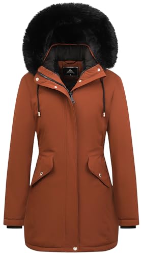 MOERDENG Women's Long Winter Down Coat Thicken Fleece Lined Parka Warm Puffer Jacket With Faux Fur Detachable Hood - color: Brown, size: Medium