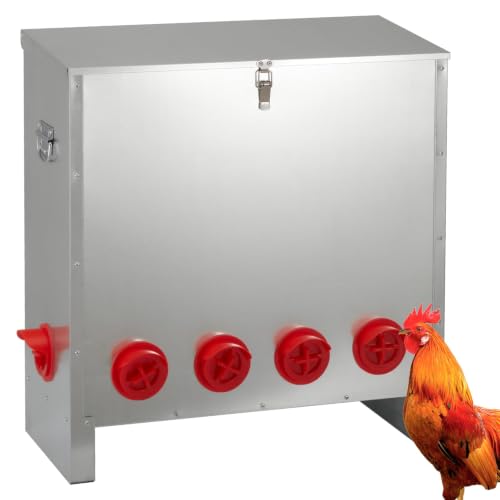 Automatic Chicken Feeder 85-120lbs Capacity, Galvanized Metal Poultry Feeding Equipment, Rainproof & Rodent Proof Large Chicken Food Dispenser for Backyard Coop & Farm Use (10 Ports) - style: 10 Ports(85-120LBS)
