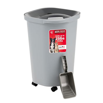 IRIS USA Pet Food Storage Container 25 lbs, Premium 60% Improved Airtight Seal with Air Valve, 2 Cup Scoop, Removable Wheels, Easy to Open - Made in the USA, Gray - color: Gray/Dark Gray, size: 25 lbs