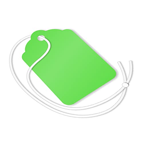 SmartSign Fluorescent Green Tags with Pre-Strung Loop Strings - Pack of 1000 Marking Tags, Size-5, 12pt Thick Blank Merchandise Cardstock Tags, 1.75" x 1.125" Jewelry Price Tags with Scallop Top - color: Fluorescent Green, size: 1 3/4" x 1 1/8"-Cotton Str