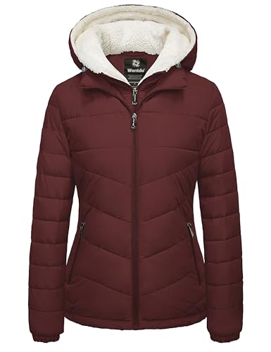 wantdo Women's Quilted Winter Coats Hooded Warm Puffer Jacket with Fleece Hood - color: Wine Red, size: Small