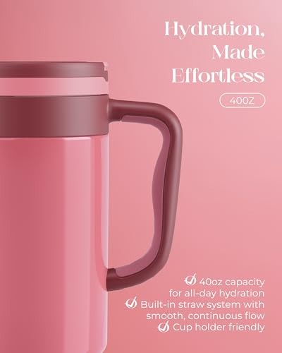 40 oz Insulated Tumbler with Handle and Push-Button Straw Lid, Stainless Steel Travel Cup for Gym Office, Leakproof, BPA-Free, Cup Holder Friendly, Bow Silicone Boot, Pink (Dusty Rose) - color: Dusty Rose