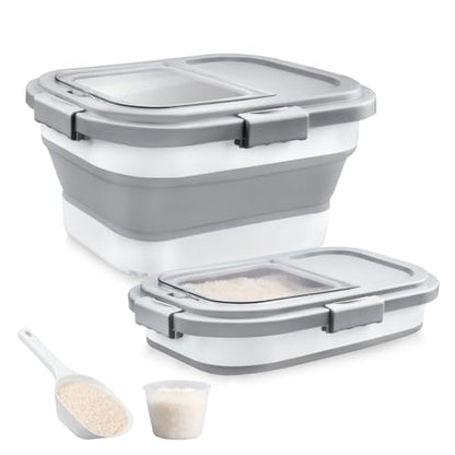 Komzon Rice Storage Container, Collapsible Airtight Food Storage Containers 6-20 Lbs, Rice Dispenser Bin with Cup and Scoop for Flour Cereal Pasta Grain, Cat Bird Pet Dog Food Storage Container - size: 6-20 Lbs