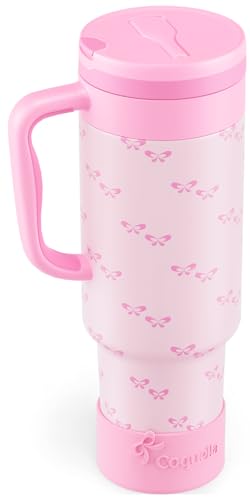 40 oz Insulated Tumbler with Handle and Push-Button Straw Lid, Stainless Steel Travel Cup for Gym Office Leakproof, BPA-Free, Cup Holder Friendly, Bow Silicone Boot, Pink (Coquette Bubblegum) - color: Coquette Bubblegum