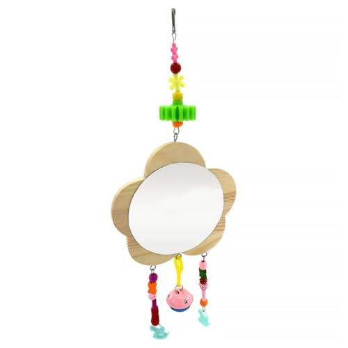 NUOBESTY Wooden Hanging Hen Mirror with Bells, Pet Chicken Pecking Mirror for Coop, Natural Wood Bird Cage Accessory for Hens and Roosters Random Color