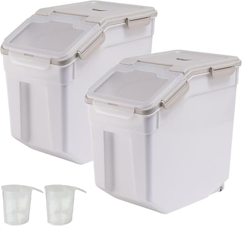 AnRui Rice Storage Container 50LB, Airtight Flour Storage Containers, Plastic Cereal Grain Dispenser Organizer Pet Food Storage Bin with Lid, Measuring Cup, Scoop, Gray, 2Pcs(Total Capacity:100LBS) - color: 2Pcs,Gray,45LB