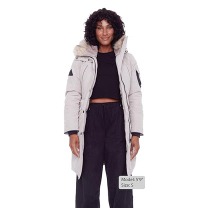 ALPINE NORTH Laurentian Women’s Vegan Down Long Parka Jacket with Faux Fur Hood - color: Taupe, size: X-Large, style: Standard Size