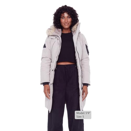 ALPINE NORTH Laurentian Women’s Vegan Down Long Parka Jacket with Faux Fur Hood - color: Taupe, size: X-Small, style: Standard Size