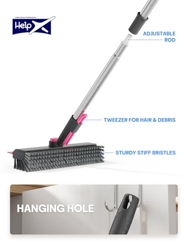 Floor Scrub Brush with Long Handle, 3 in 1 Multi-angle Swivel Right Angled Bristle Floor Scrubber Brush with Squeegee and Tweezer for Tile Wall Deck Bathroom Patio Garage Kitchen (Pink and Grey) - color: Pink and Grey