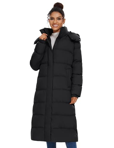 ROYAL MATRIX Women's Long Quilted Puffer Coat, Winter Warm Maxi Puffer Jacket with Detachable Hood - color: Black, size: Small