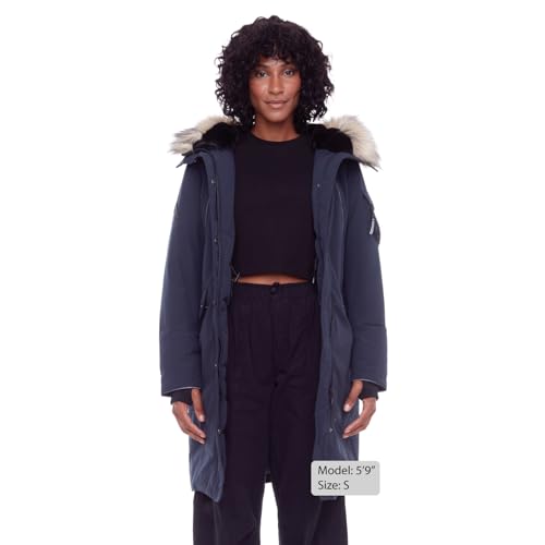 ALPINE NORTH Laurentian Women’s Vegan Down Long Parka Jacket with Faux Fur Hood - color: Navy, size: Large, style: Standard Size