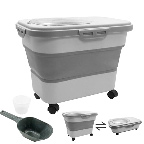 20-30 Lbs Rice and Pet Food Storage Container - Collapsible Airtight Food Storage with Rolling Wheel & Locking Lid, Flour Container with Cup & Scoop for Rice, Flour, Pet Food (Grey)