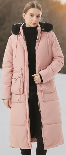 MOERDENG Women's Long Winter Puffer Coat Waterproof Warm Maxi Down Jacket Faux Fur Removable Hood Parka - color: Pink, size: 3X-Large