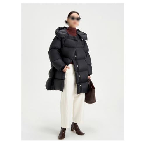 Women's Black Down Jacket Medium Length Loose A-line Detachable Hooded Warm
