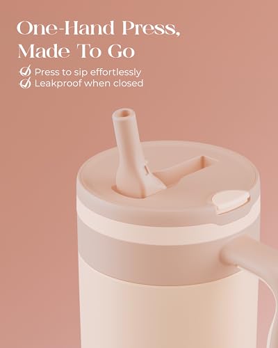 40 oz Insulated Tumbler with Handle and Push-Button Straw Lid, Stainless Steel Travel Cup for Gym Office, Leakproof, BPA-Free, Cup Holder Friendly, Bow Silicone Boot, Beige (Cream Latte) - color: Cream Latte