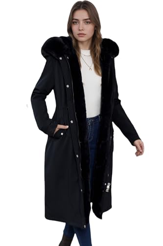 RISISSIDA Women Winter Parka Puffy Coat for Deep Cold,Thicken Puffer Jacket with Long Fur Collar Hooded,Warm Bubble Overcoat - color: Black, size: X-Small