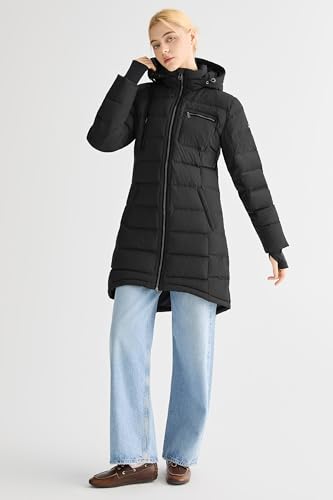 Orolay Women's Winter Down Jacket Long Quilted Puffer Coat Warm Hooded Slim Fit Outerwear - color: Black, size: Small
