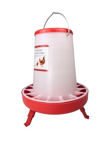 Hen's Choice 11 LB Poultry Feeder, Twist Lock Base, Adjustable Legs, Hangable with Lid (Red) - color: Red