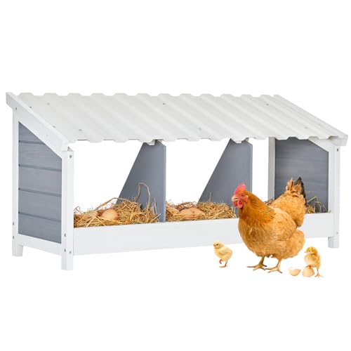 PETSFIT 3 Holes Chicken Nesting Box-All Weather PVC Roof, Natural Wood Design with Privacy Back Panel for Hens-Wall Mounted or Floor Use in Coops, Farms, Backyards,Easy to Assemble and Clean - size: 3 Holes